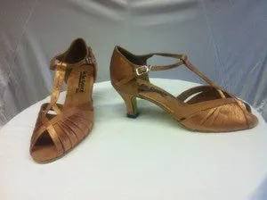 2.5" Angelina -- Flare Heel Latin Sandal -- Tan Satin