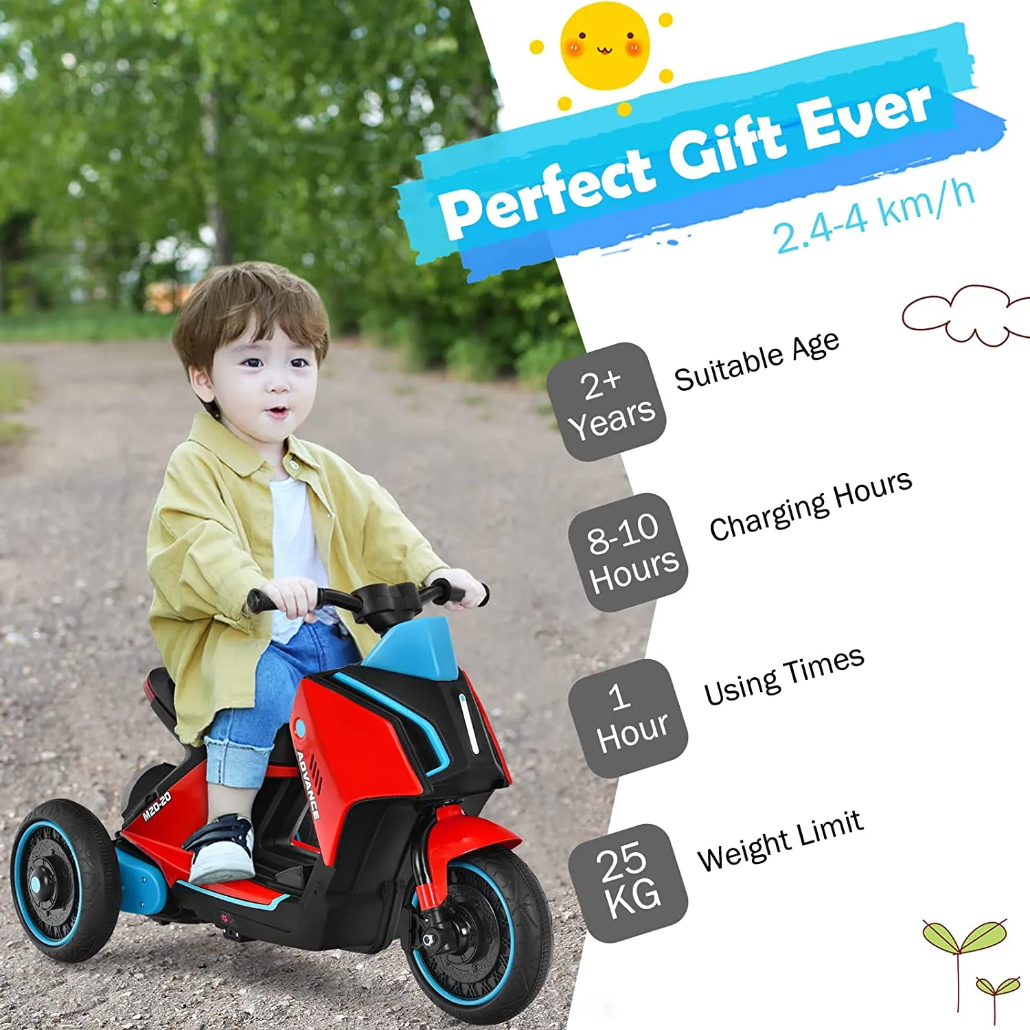 3 Wheels Kids Electric Motorbike with Music-Red