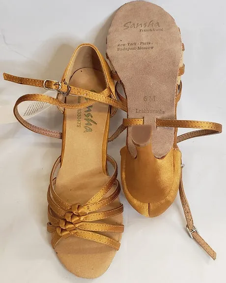 3" Lena -- Flare Heel Latin Sandal -- Tan Satin