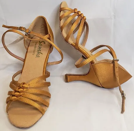 3" Lena -- Flare Heel Latin Sandal -- Tan Satin