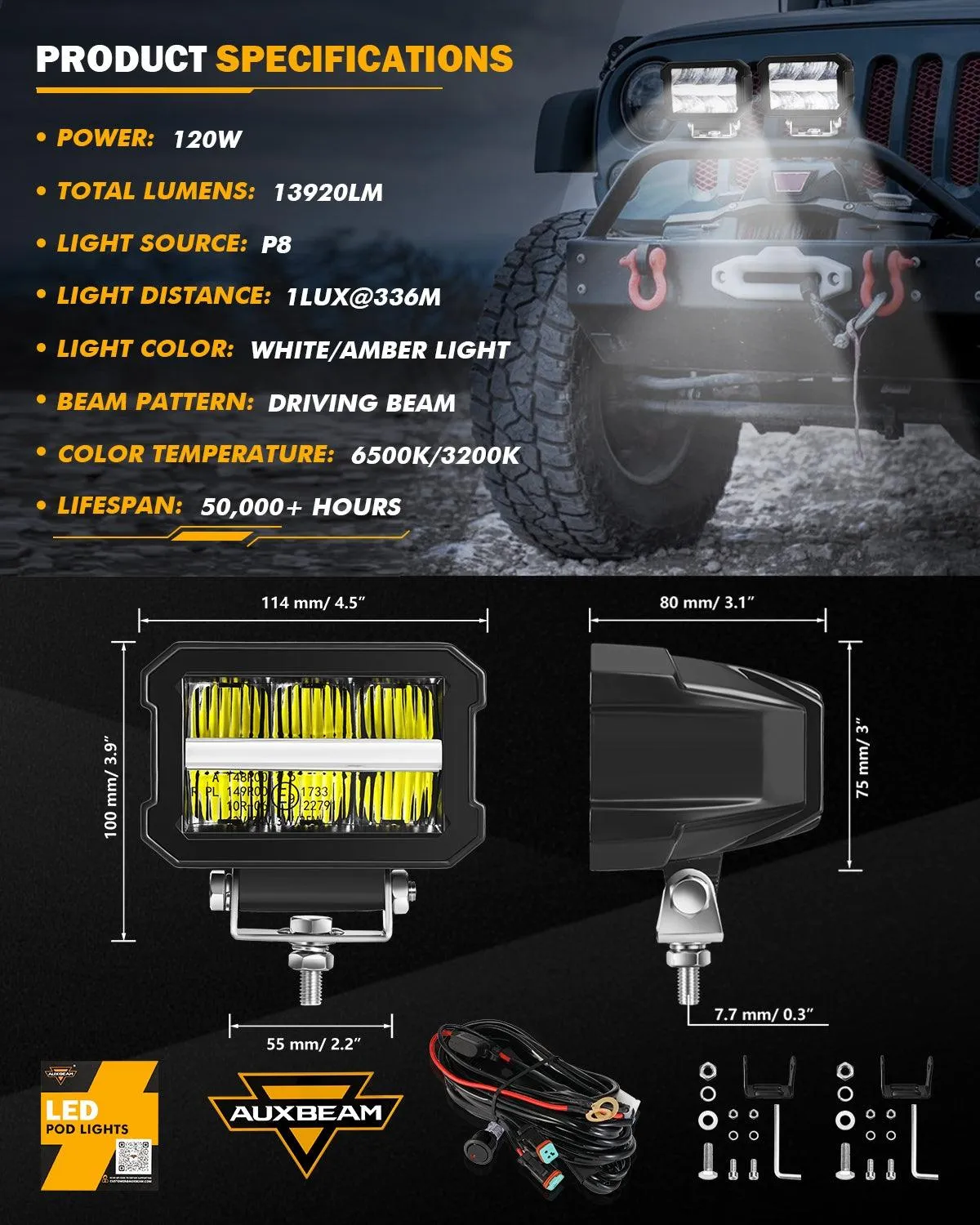 4.5 INCH 120W 13920LM LED Pods With White DRL & Amber Turn Signal Off Road Driving Light