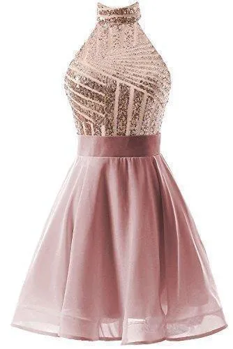 A-Line Halter Short Pink Chiffon Homecoming/Cocktail Dress with Sequins PD064