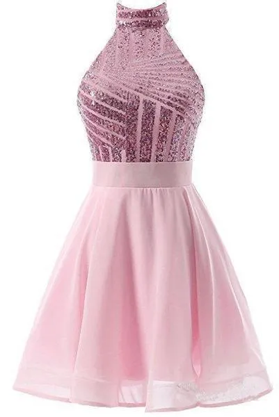 A-Line Halter Short Pink Chiffon Homecoming/Cocktail Dress with Sequins PD064