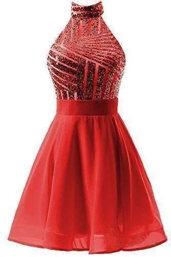 A-Line Halter Short Pink Chiffon Homecoming/Cocktail Dress with Sequins PD064