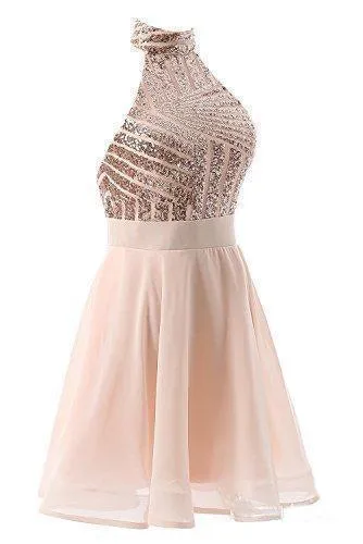 A-Line Halter Short Pink Chiffon Homecoming/Cocktail Dress with Sequins PD064