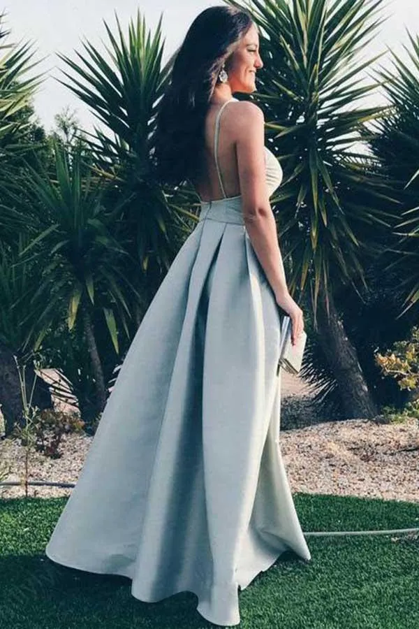 A-Line Spaghetti Straps Floor-Length Grey Satin Backless Prom Dress  PG564