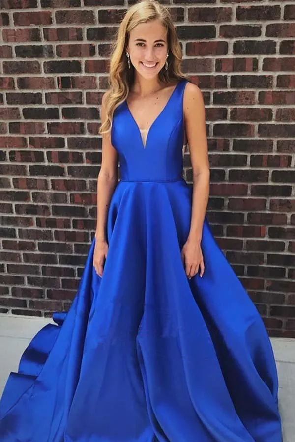 A-line V Neck Satin Simple Prom Dresses Formal Dress  PM247