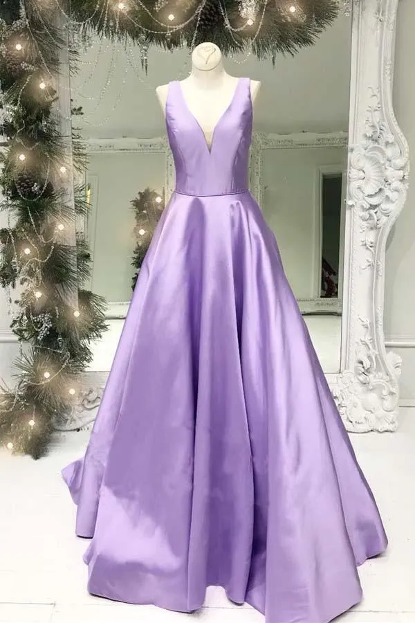 A-line V Neck Satin Simple Prom Dresses Formal Dress  PM247