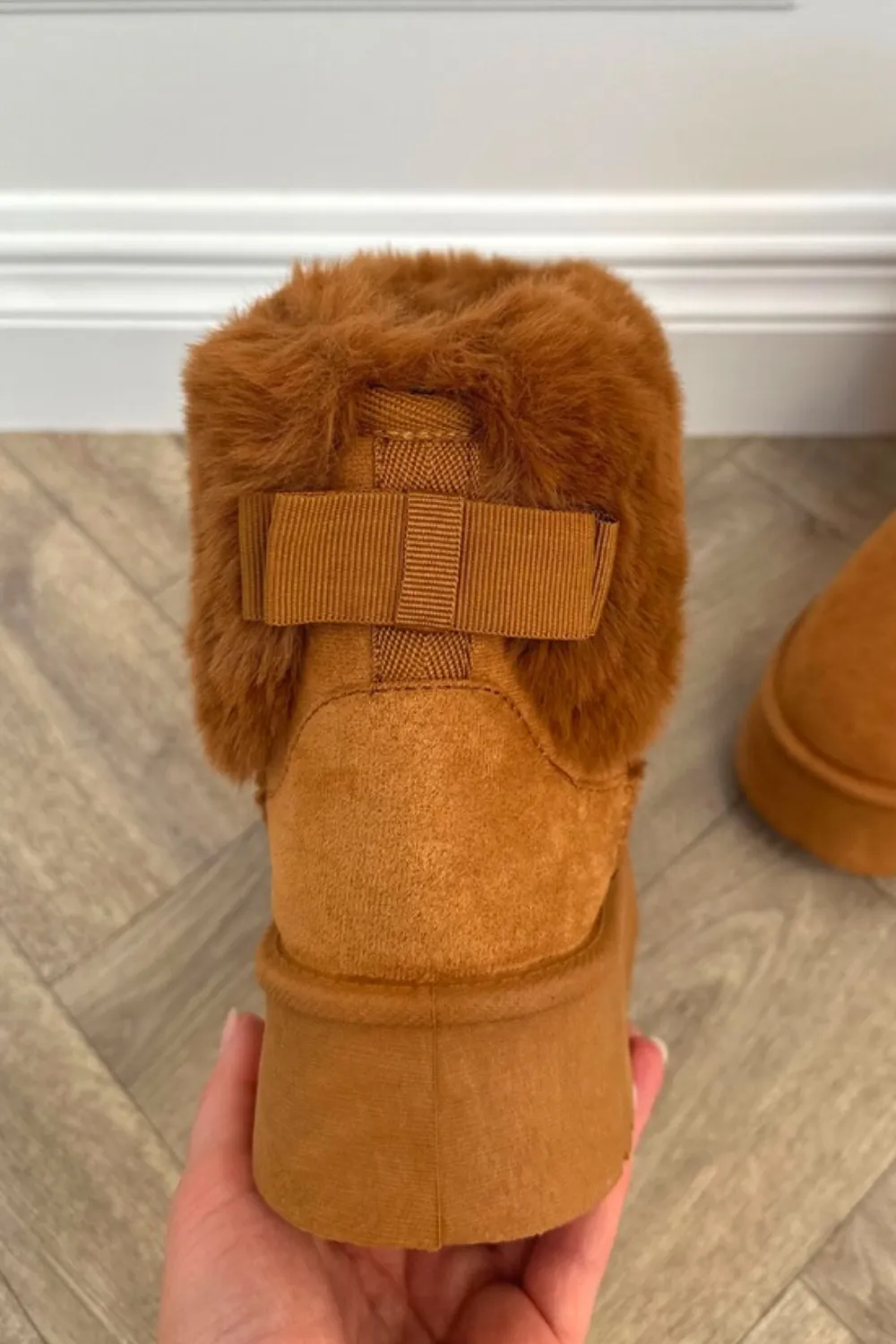 Amore camel platform faux fur lined ankle boots