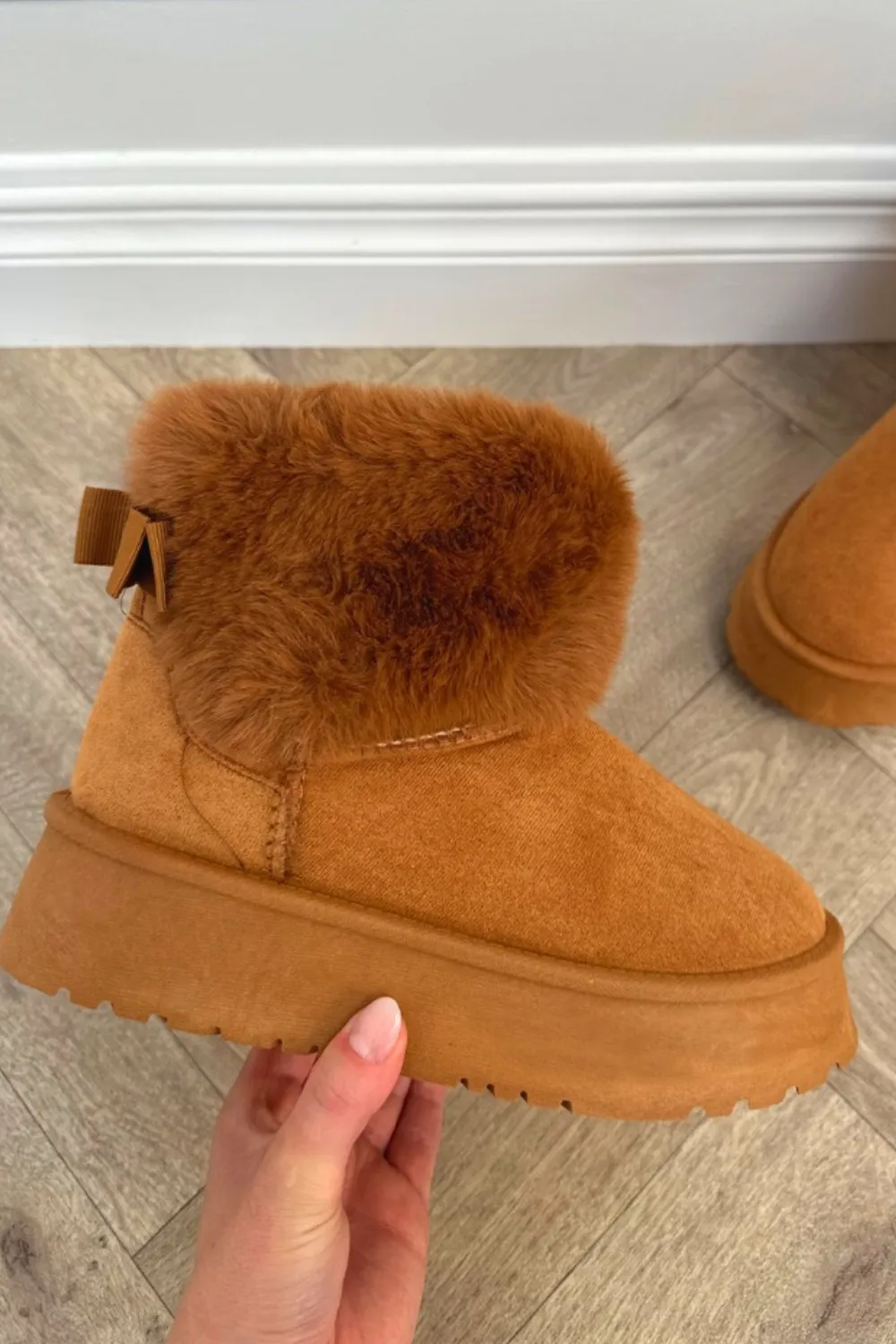 Amore camel platform faux fur lined ankle boots