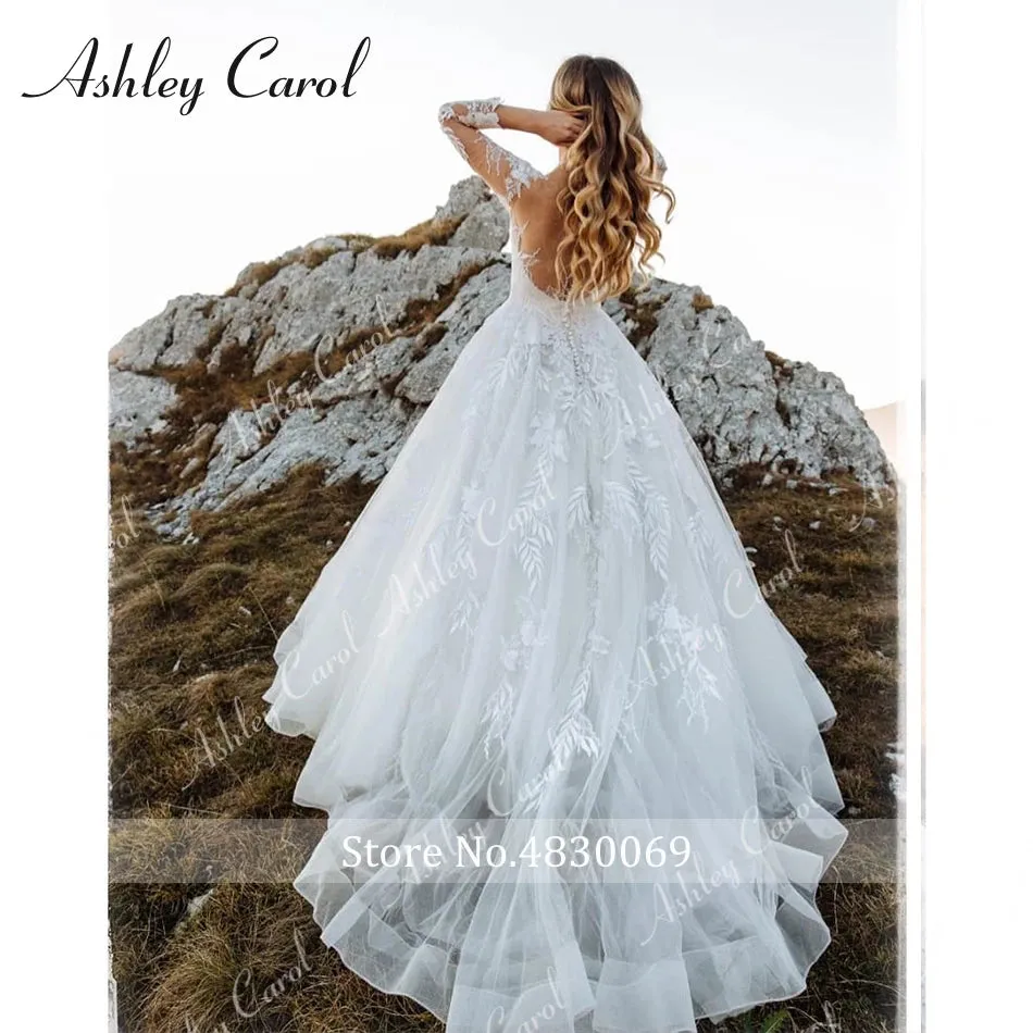 Ashley Carol Sexy Wedding Dresses For Women 2024 Appliques Tulle Backless Long Sleeve Boho Wedding Gown Vestidos De Novia