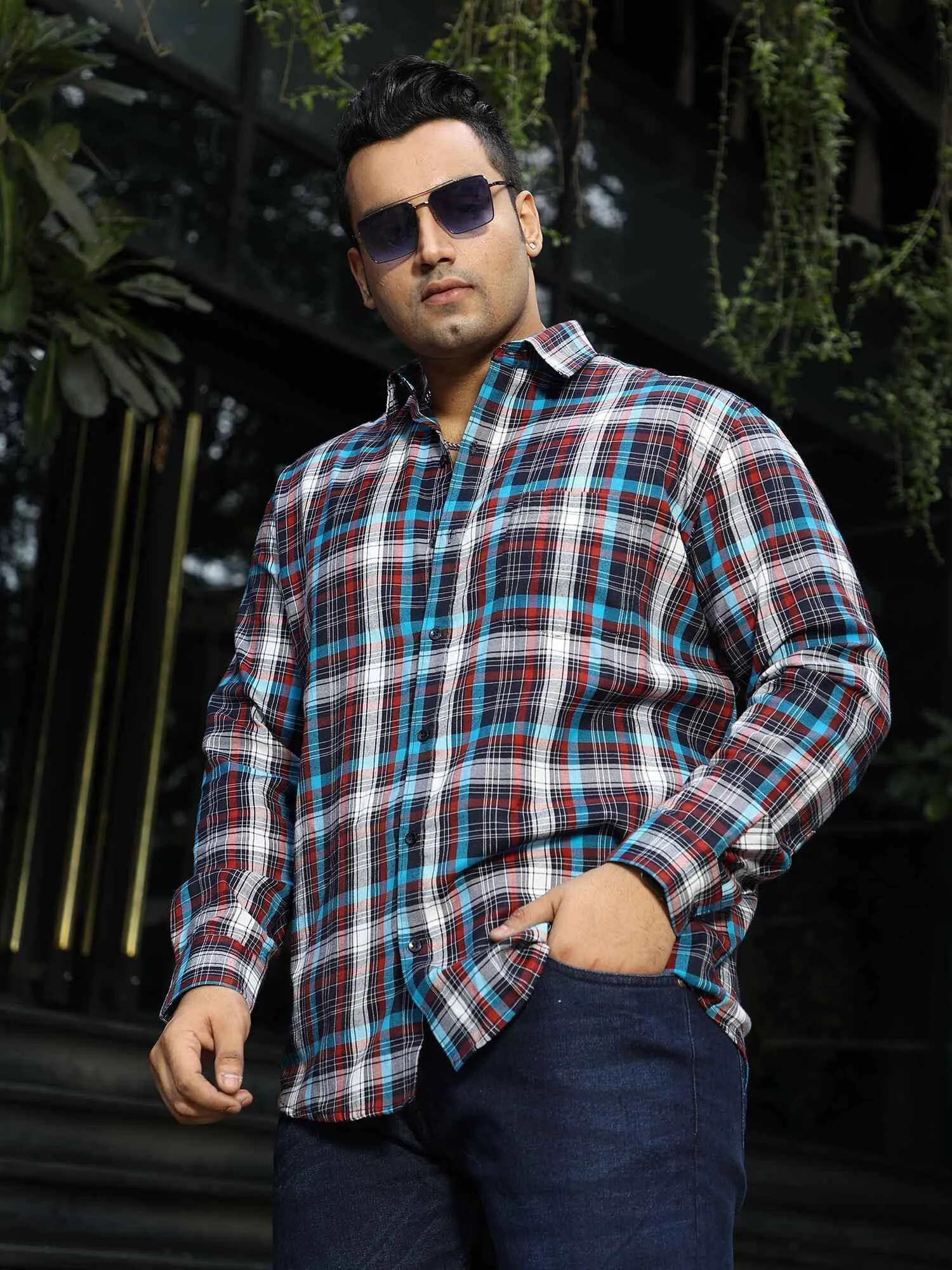 Black Blue Red Checkered Full Shirt Men's Plus Size