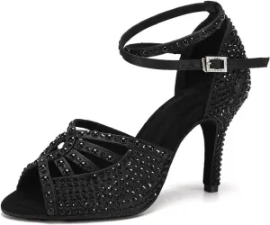 Black Dance Shoes Rhinestone for Salsa Latin Dance