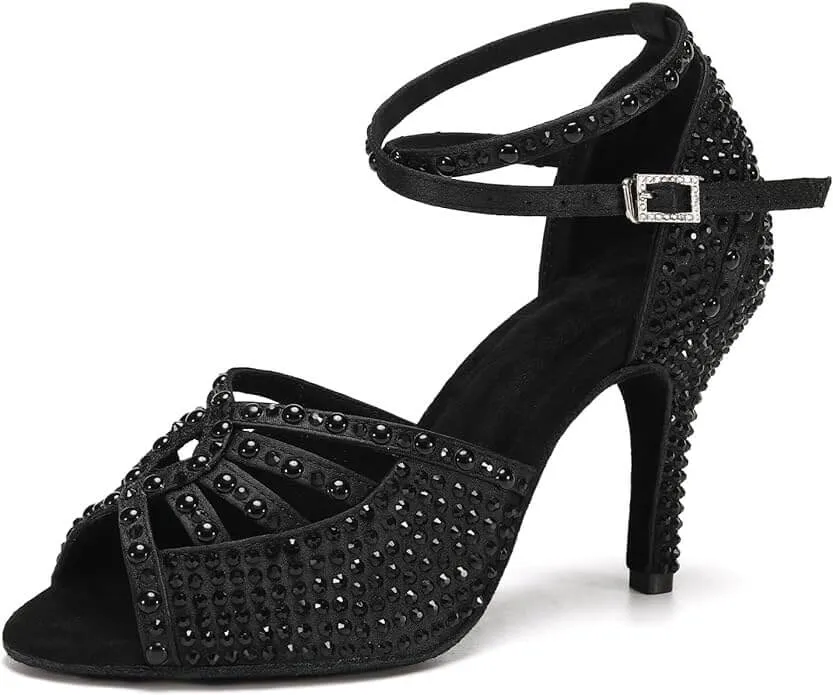 Black Dance Shoes Rhinestone for Salsa Latin Dance