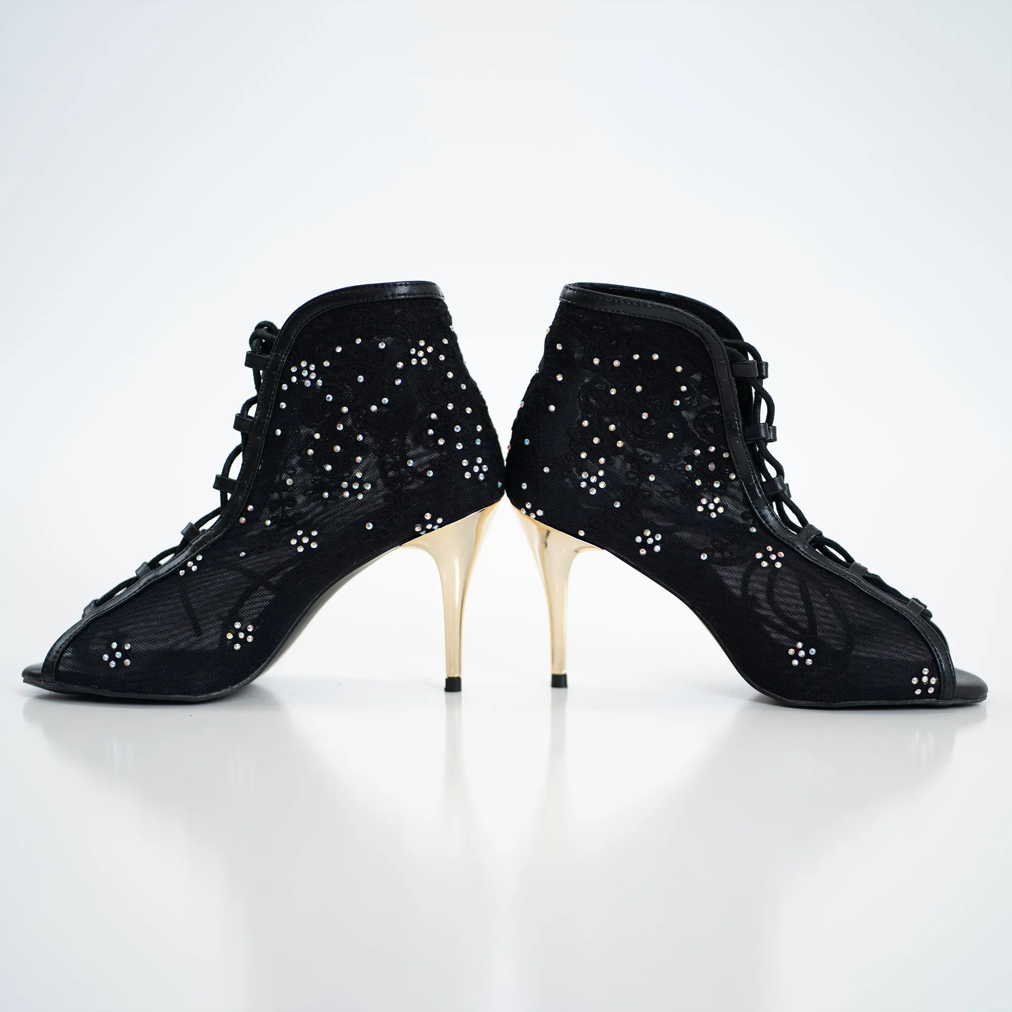 Black Rose Lace Up Dance Shoes Fashion Booties