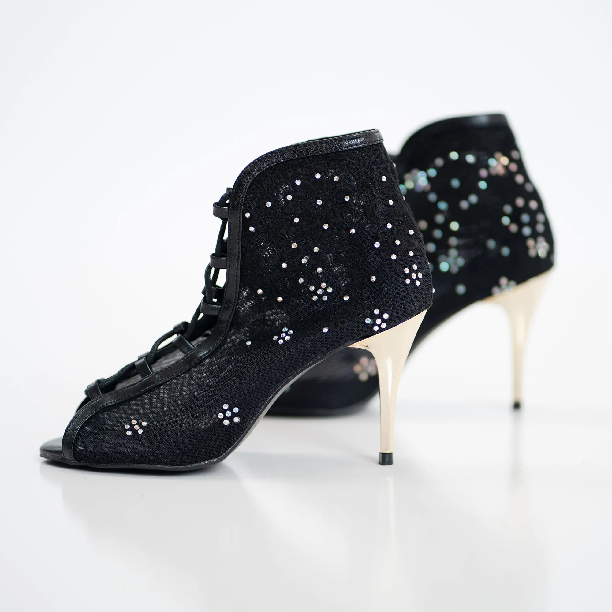 Black Rose Lace Up Dance Shoes Fashion Booties