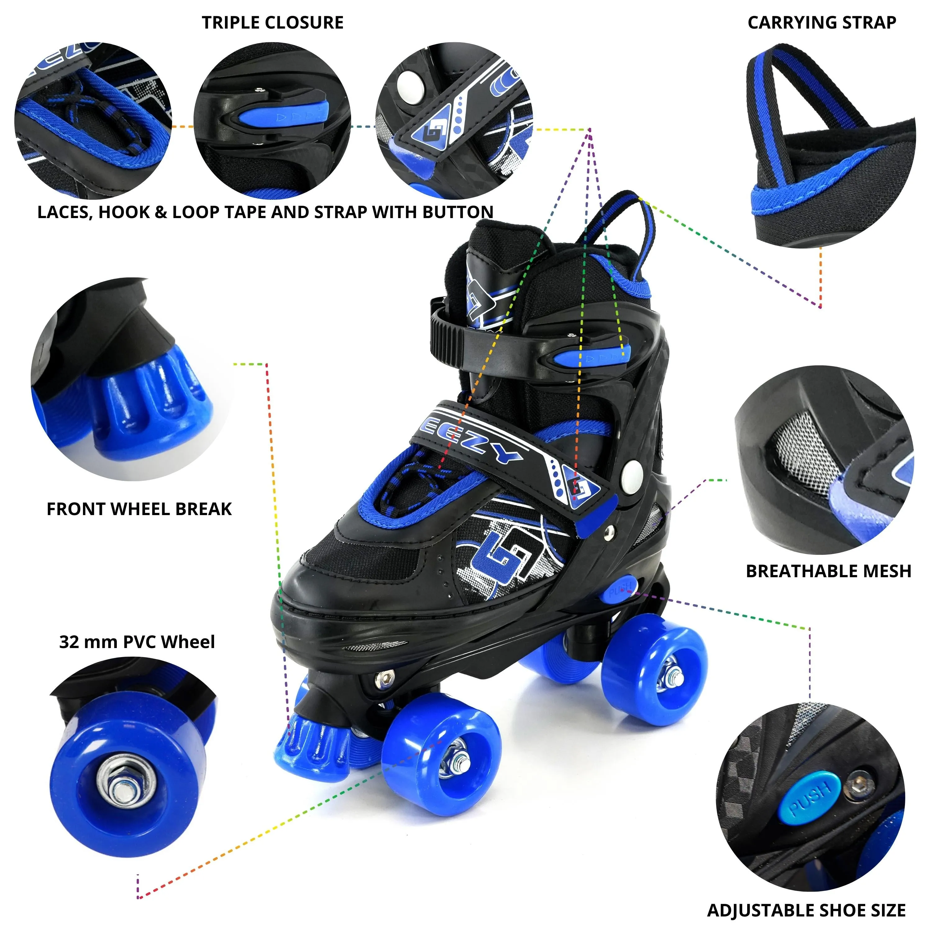 Blue and Black Roller Skates for Kids with 4 Wheel