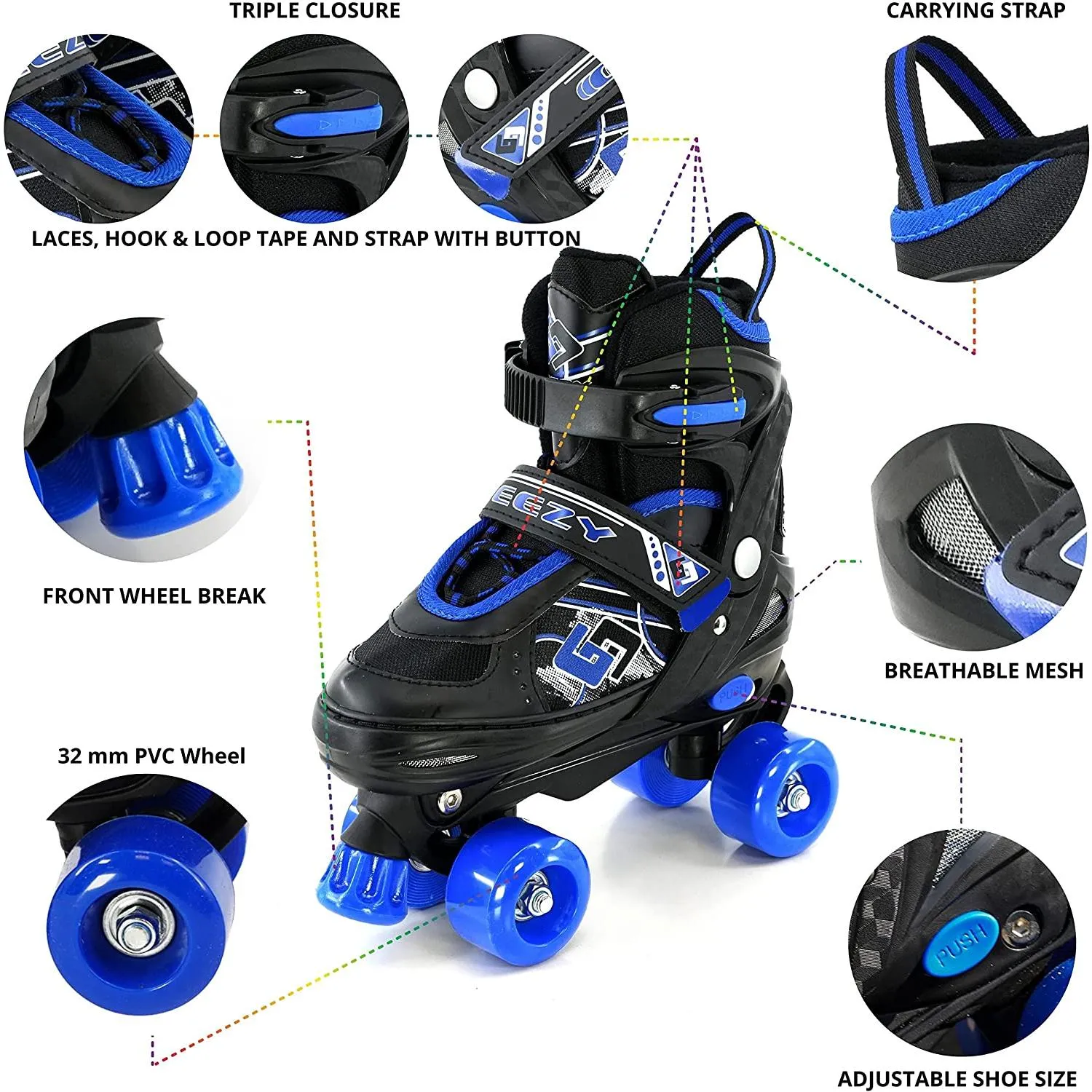 Blue and Black Roller Skates for Kids with 4 Wheel