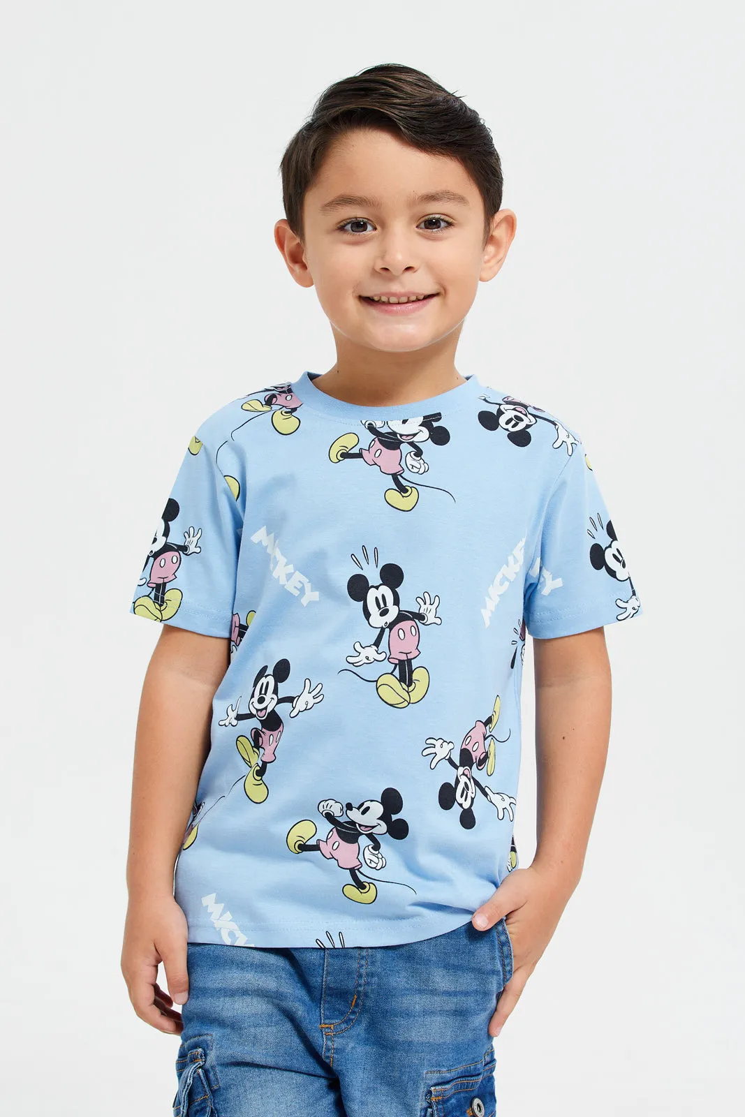 Boys White And Blue Mickey Mouse Print T-Shirt Set (Pack Of 2)