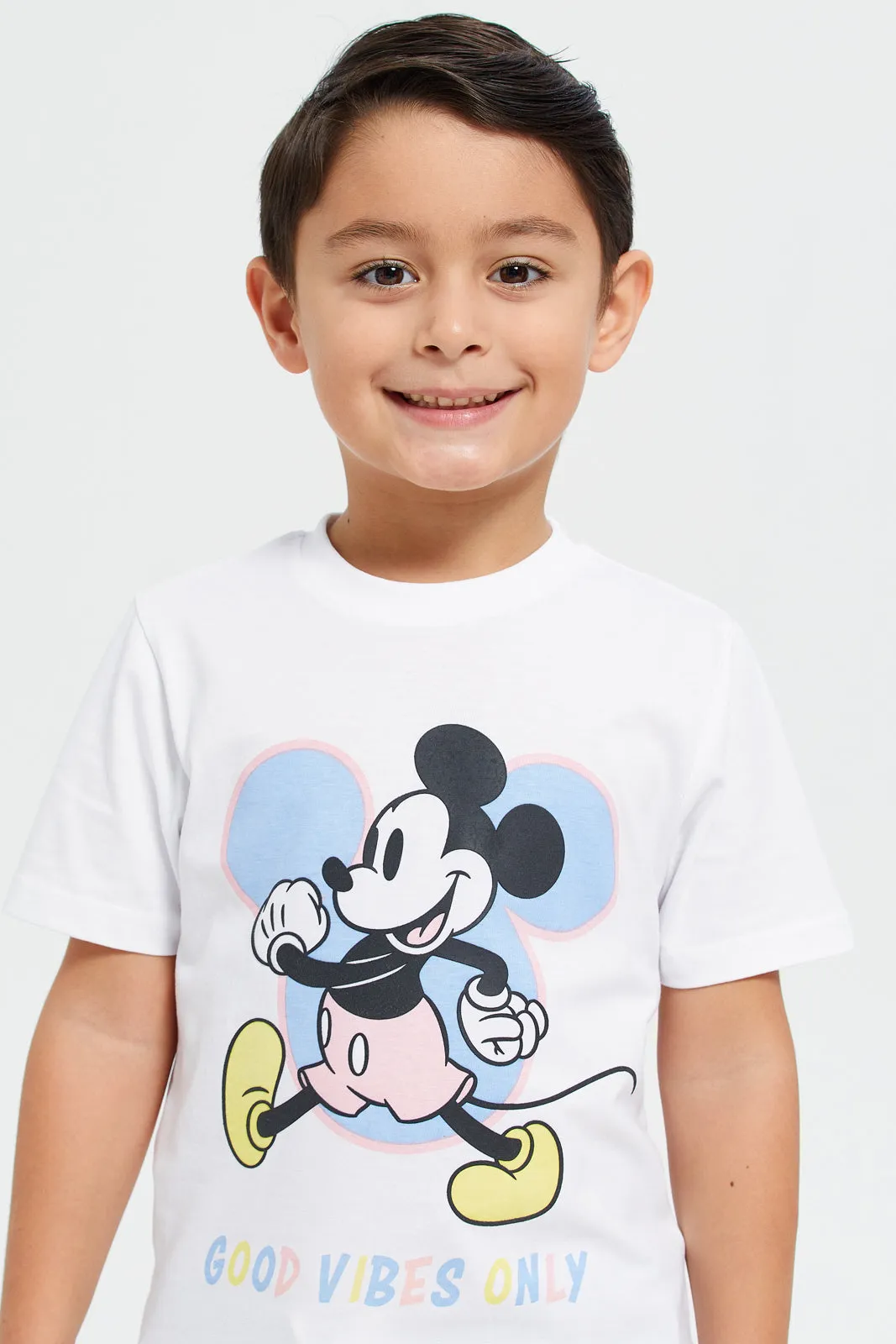 Boys White And Blue Mickey Mouse Print T-Shirt Set (Pack Of 2)