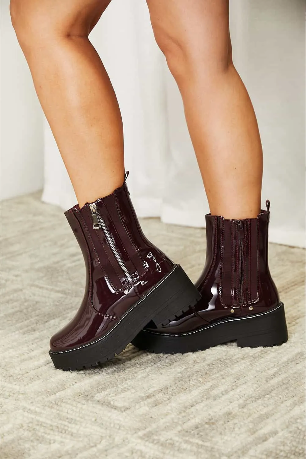 Burgundy Vegan Patent Leather Side Zip Platform Boots