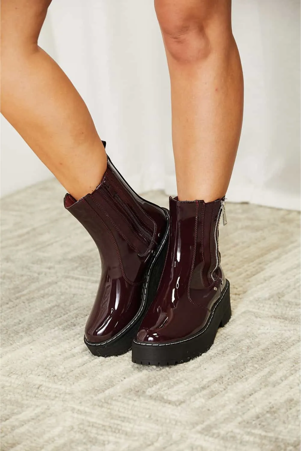 Burgundy Vegan Patent Leather Side Zip Platform Boots