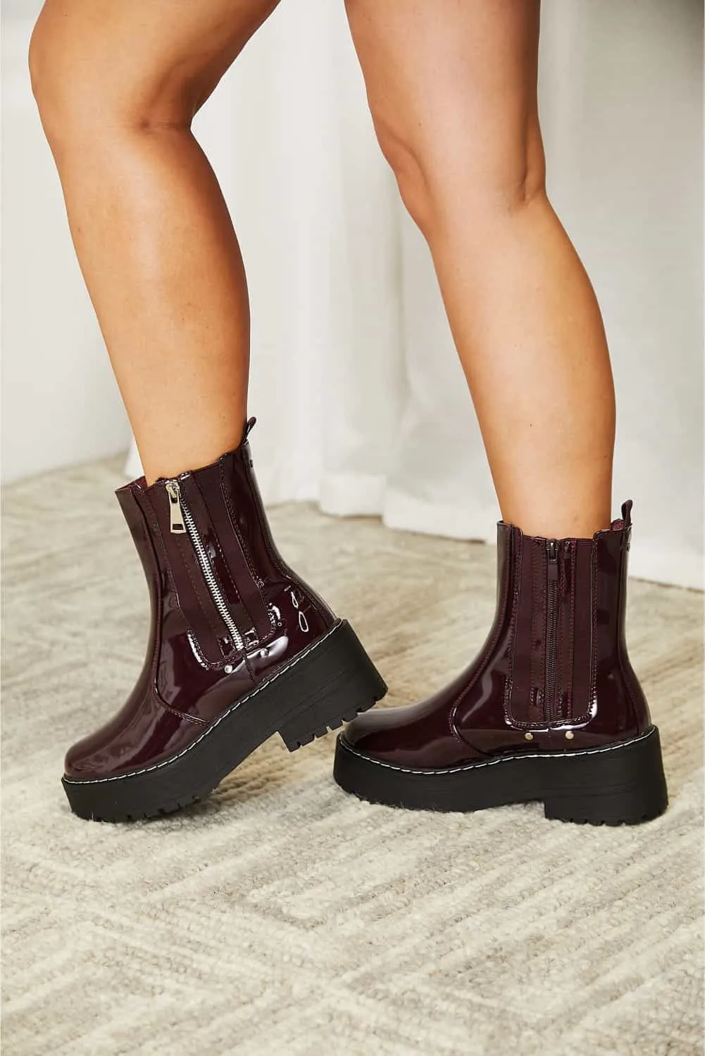 Burgundy Vegan Patent Leather Side Zip Platform Boots