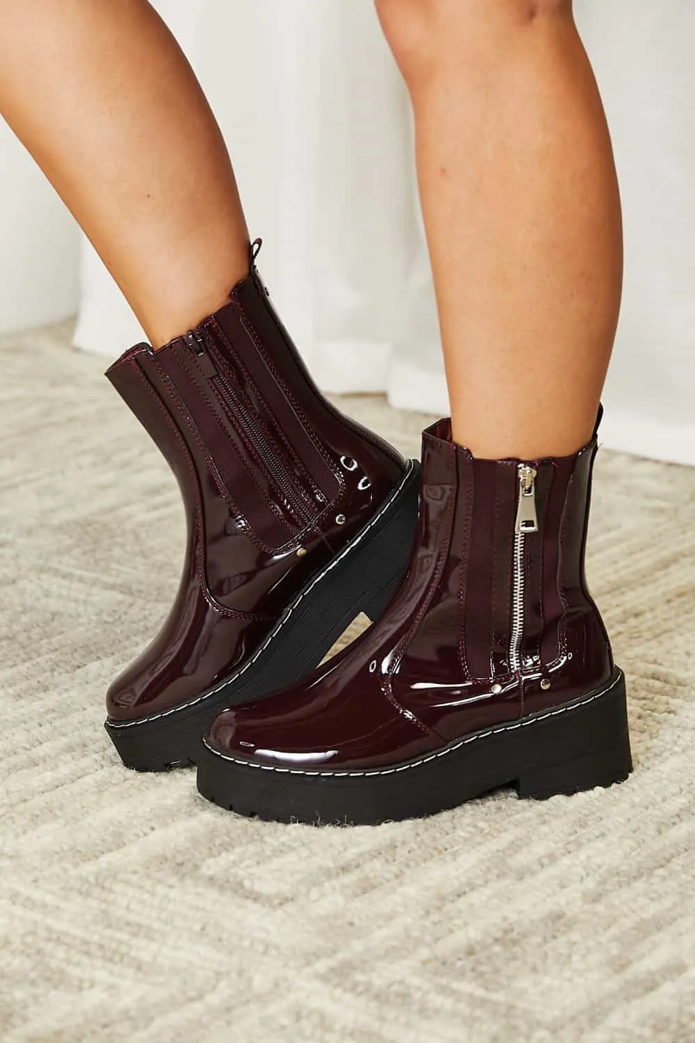 Burgundy Vegan Patent Leather Side Zip Platform Boots