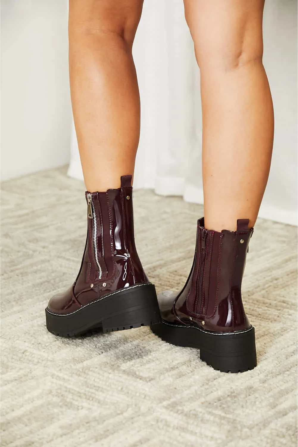 Burgundy Vegan Patent Leather Side Zip Platform Boots