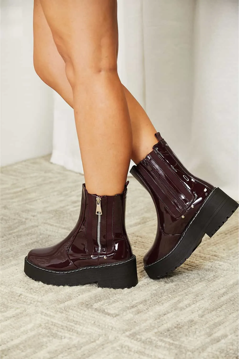 Burgundy Vegan Patent Leather Side Zip Platform Boots