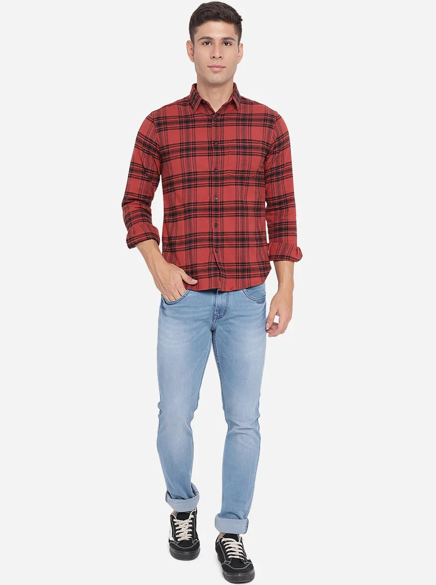 Burn Red Checked Slim Fit Semi Casual Shirt | Greenfibre