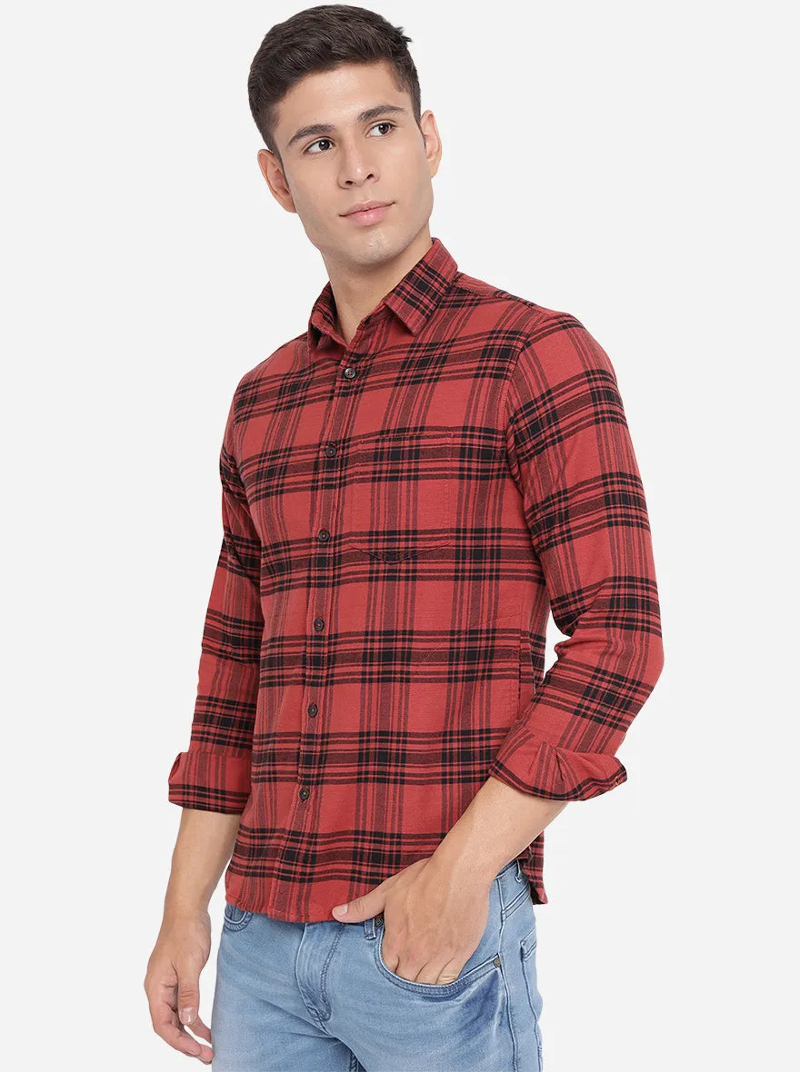 Burn Red Checked Slim Fit Semi Casual Shirt | Greenfibre