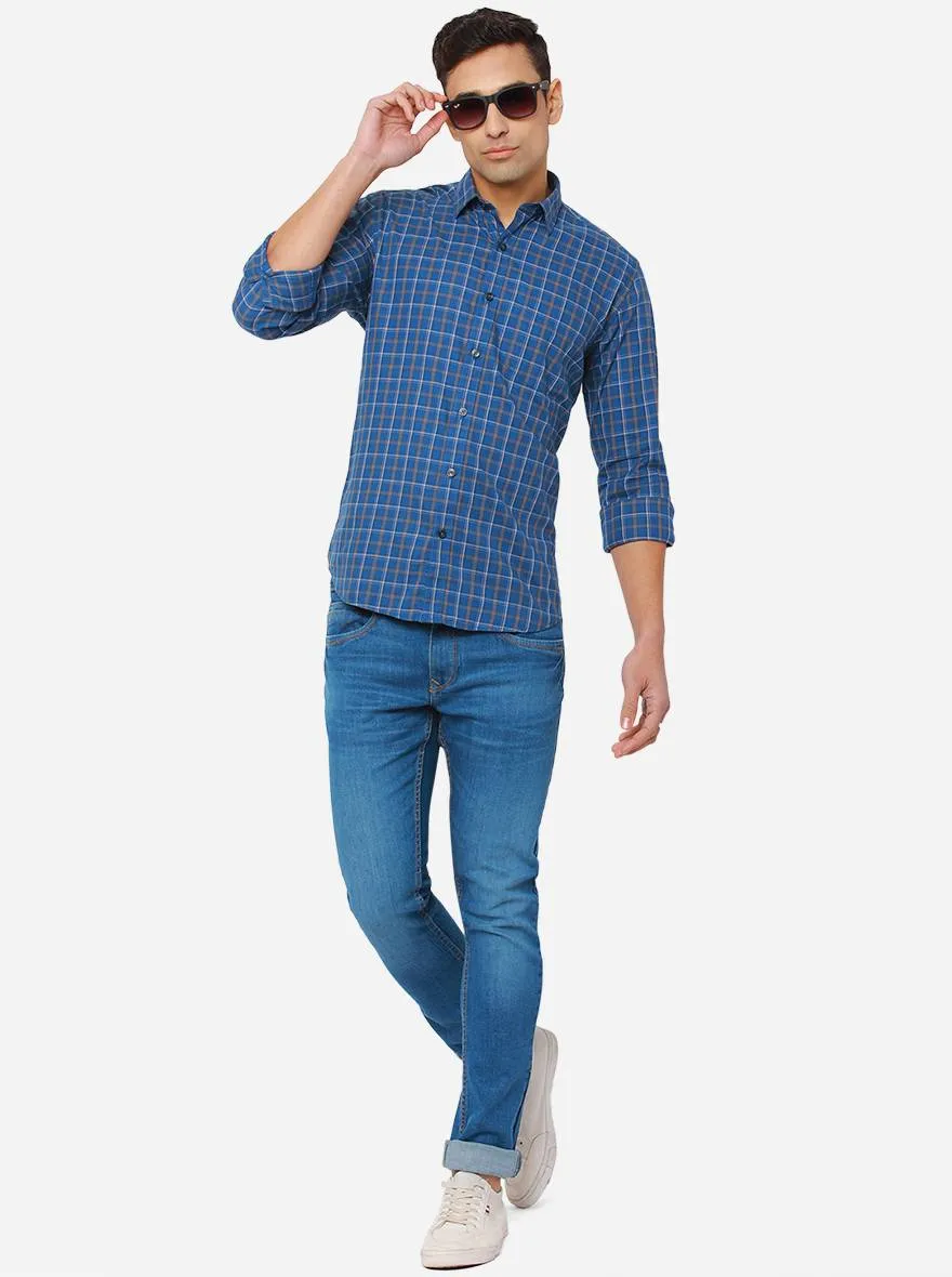 Cornflower Blue Checked Slim Fit Casual Shirt | JadeBlue