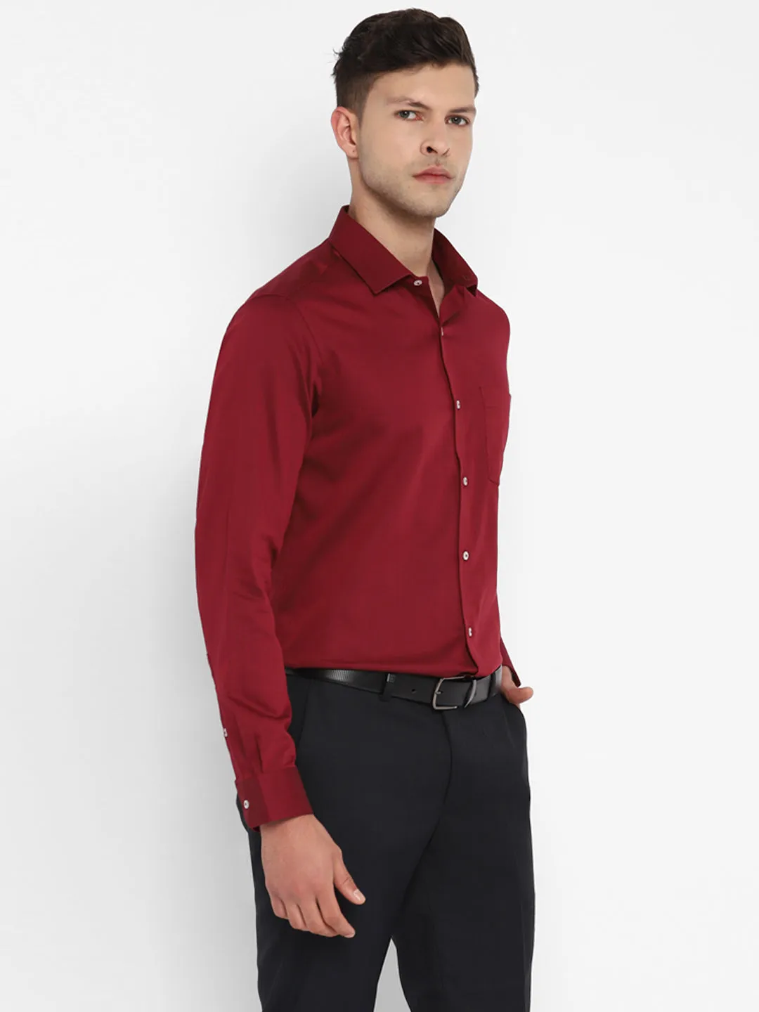 Cotton Maroon Self Design Slim Fit Formal Shirt