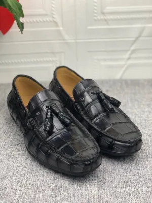 Crocodile Shoes Crocodile  Leather Shoes Mens Slip-On Driving Loafer Shoes With Tassle Vintage Dark Grey