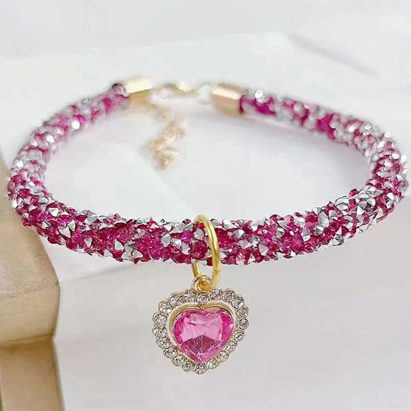 Crystal Cat Collar with Heart Gem Pendant | Adjustable Rhinestone Necklace for Cats, Puppies & Small Dogs