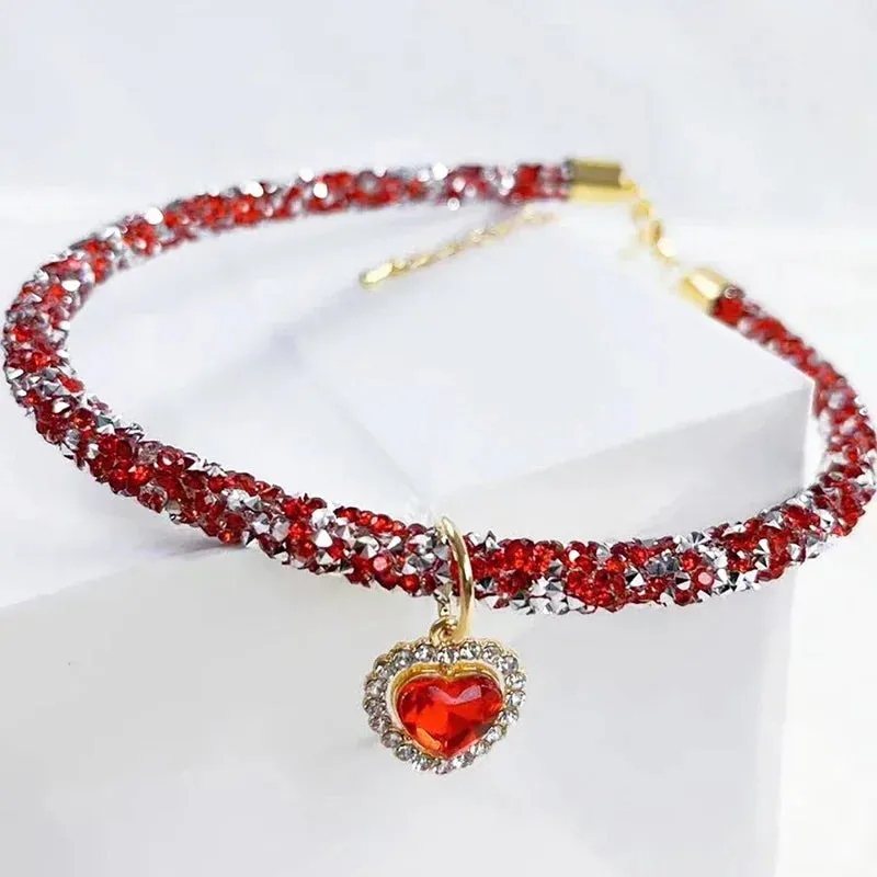 Crystal Cat Collar with Heart Gem Pendant | Adjustable Rhinestone Necklace for Cats, Puppies & Small Dogs