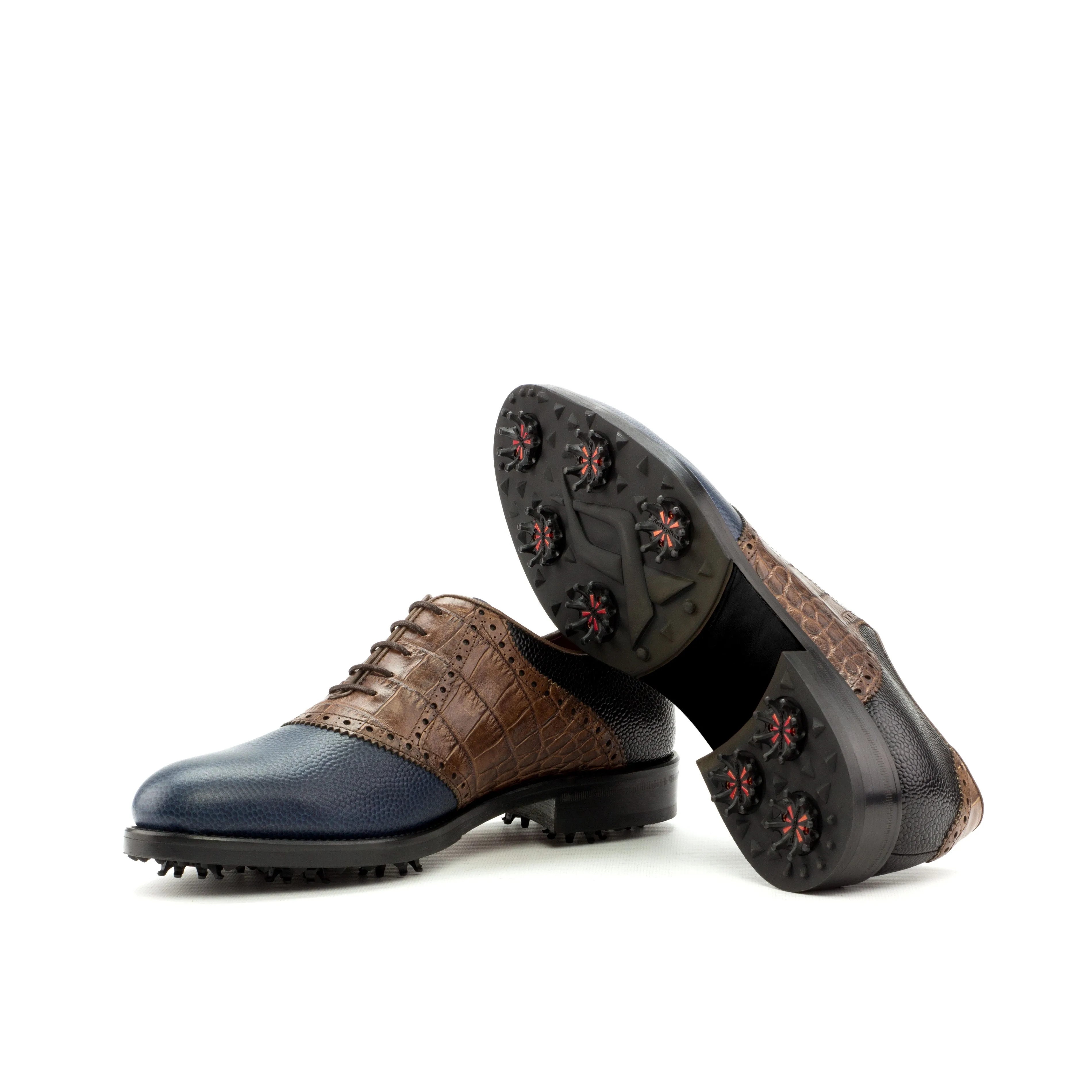 DapperFam Fabrizio Golf in Navy / Dark Brown / Black Men's Italian Croco Embossed Leather Saddle