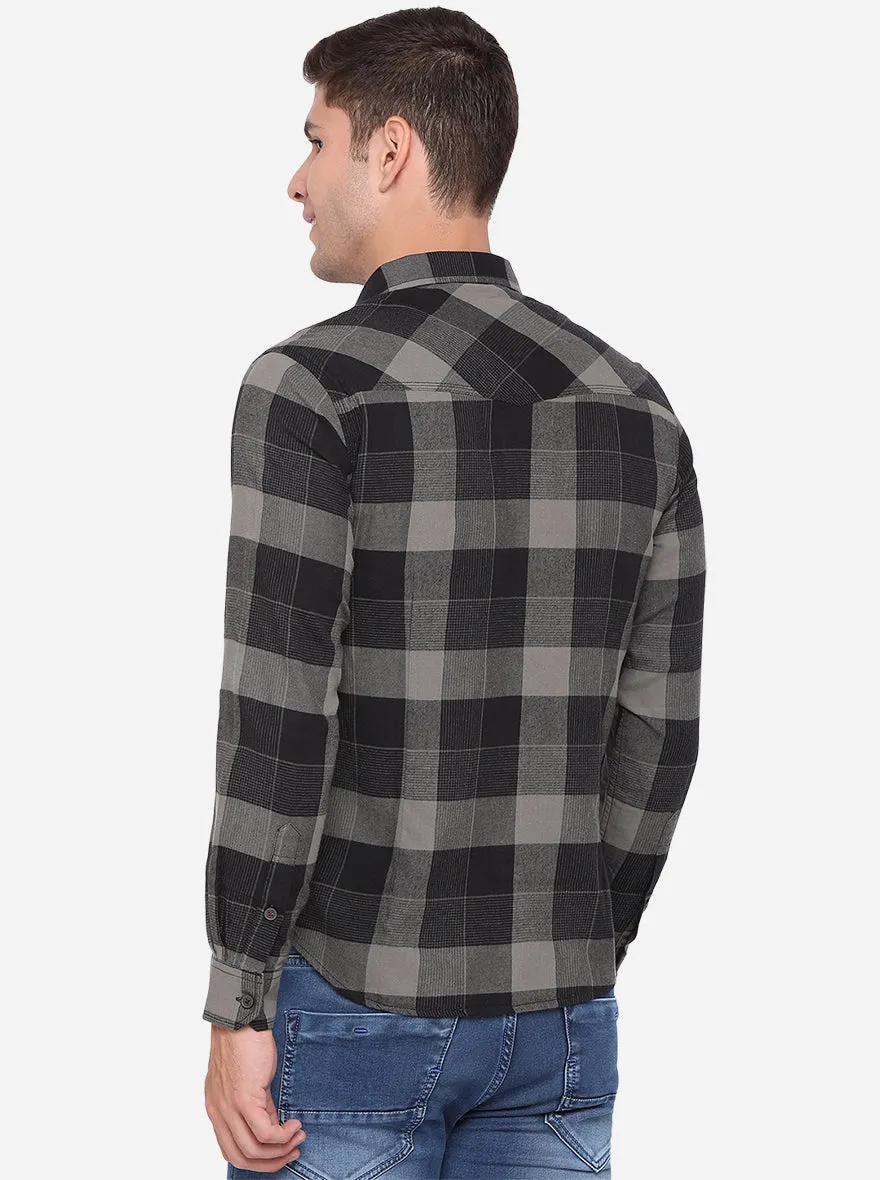 Dark Grey Checked Slim Fit Semi Casual Shirt | Greenfibre