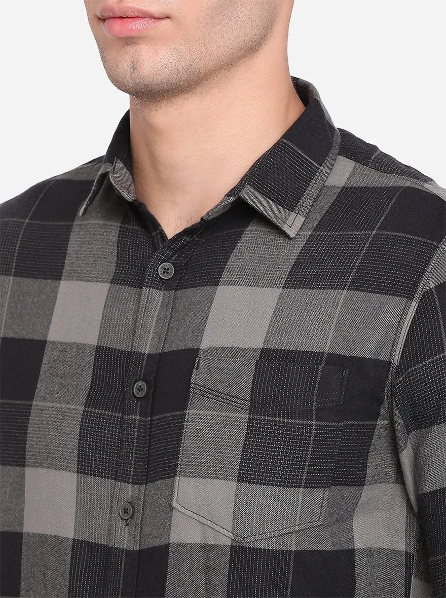 Dark Grey Checked Slim Fit Semi Casual Shirt | Greenfibre