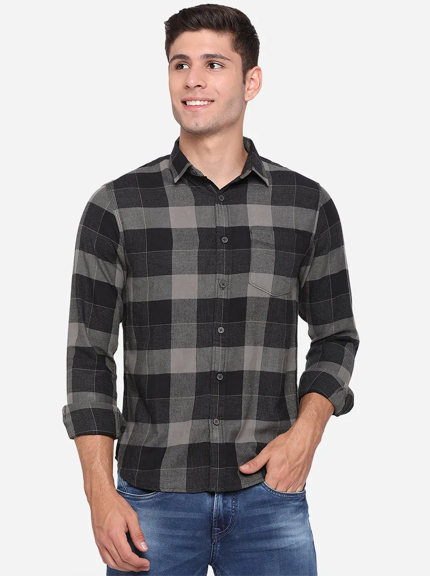 Dark Grey Checked Slim Fit Semi Casual Shirt | Greenfibre