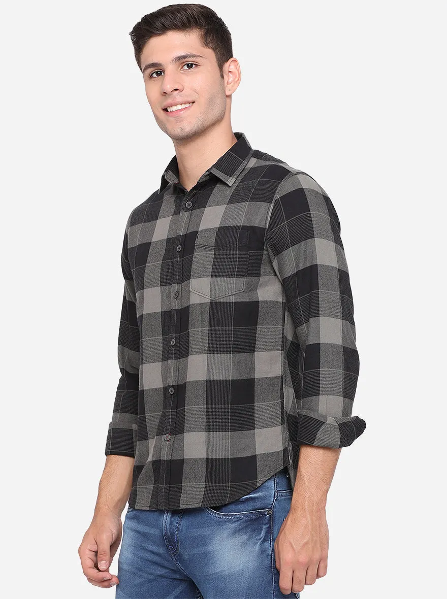 Dark Grey Checked Slim Fit Semi Casual Shirt | Greenfibre