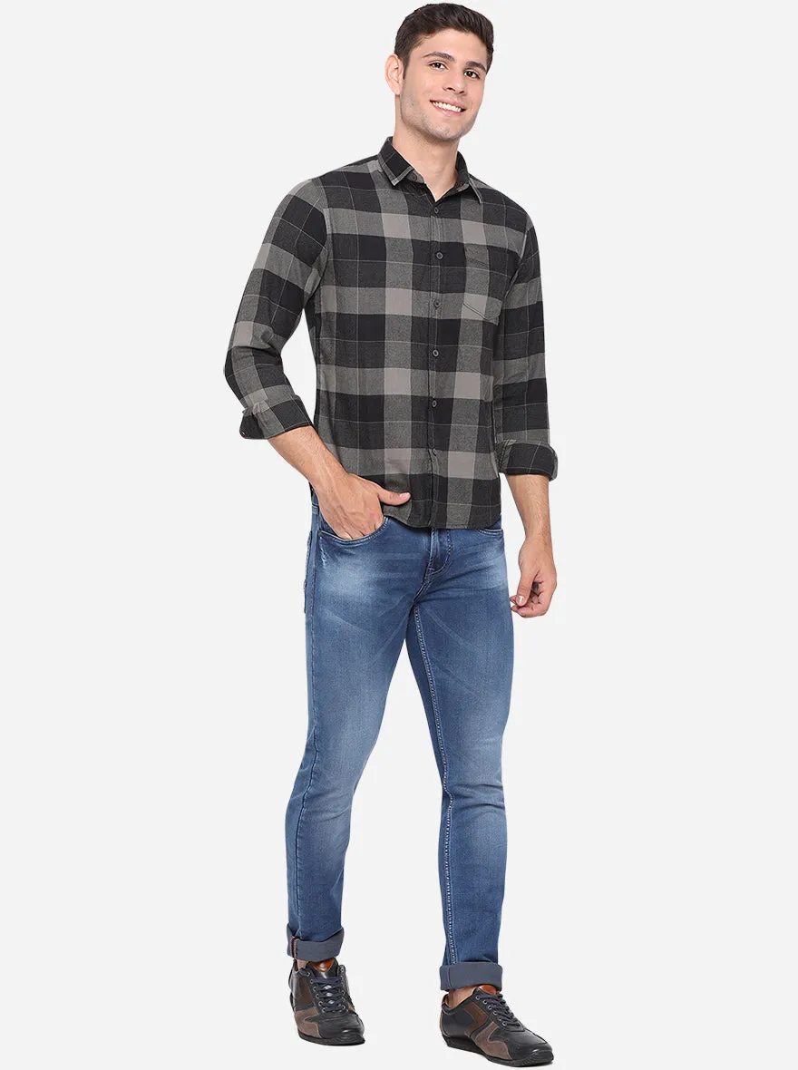 Dark Grey Checked Slim Fit Semi Casual Shirt | Greenfibre