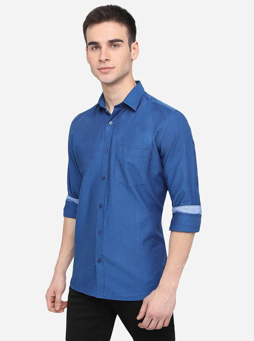 Deep Blue Solid Slim Fit Semi Casual Shirt | JadeBlue