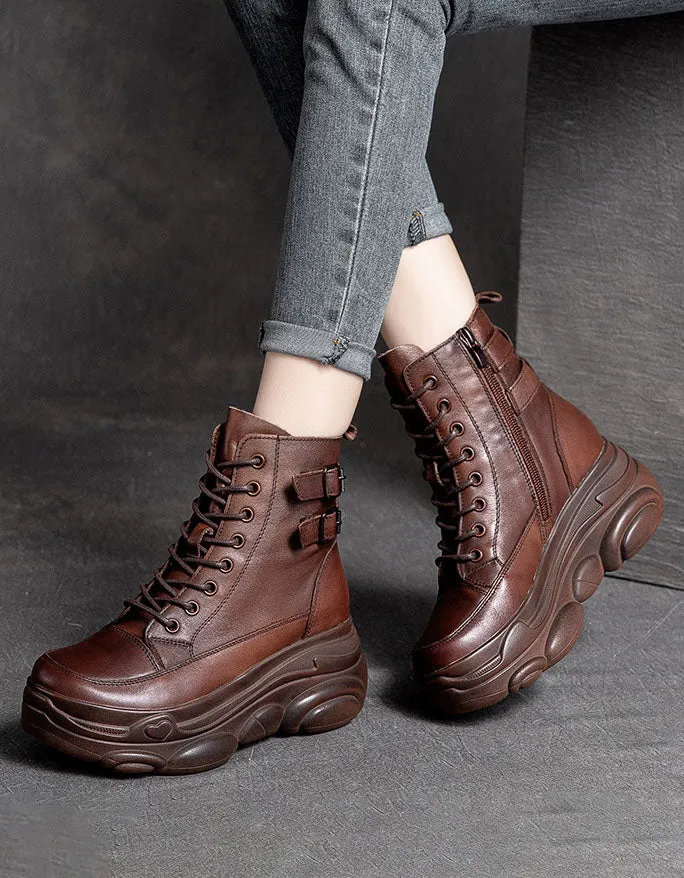 Double Buckles Lace up Retro Leather Platform Boots