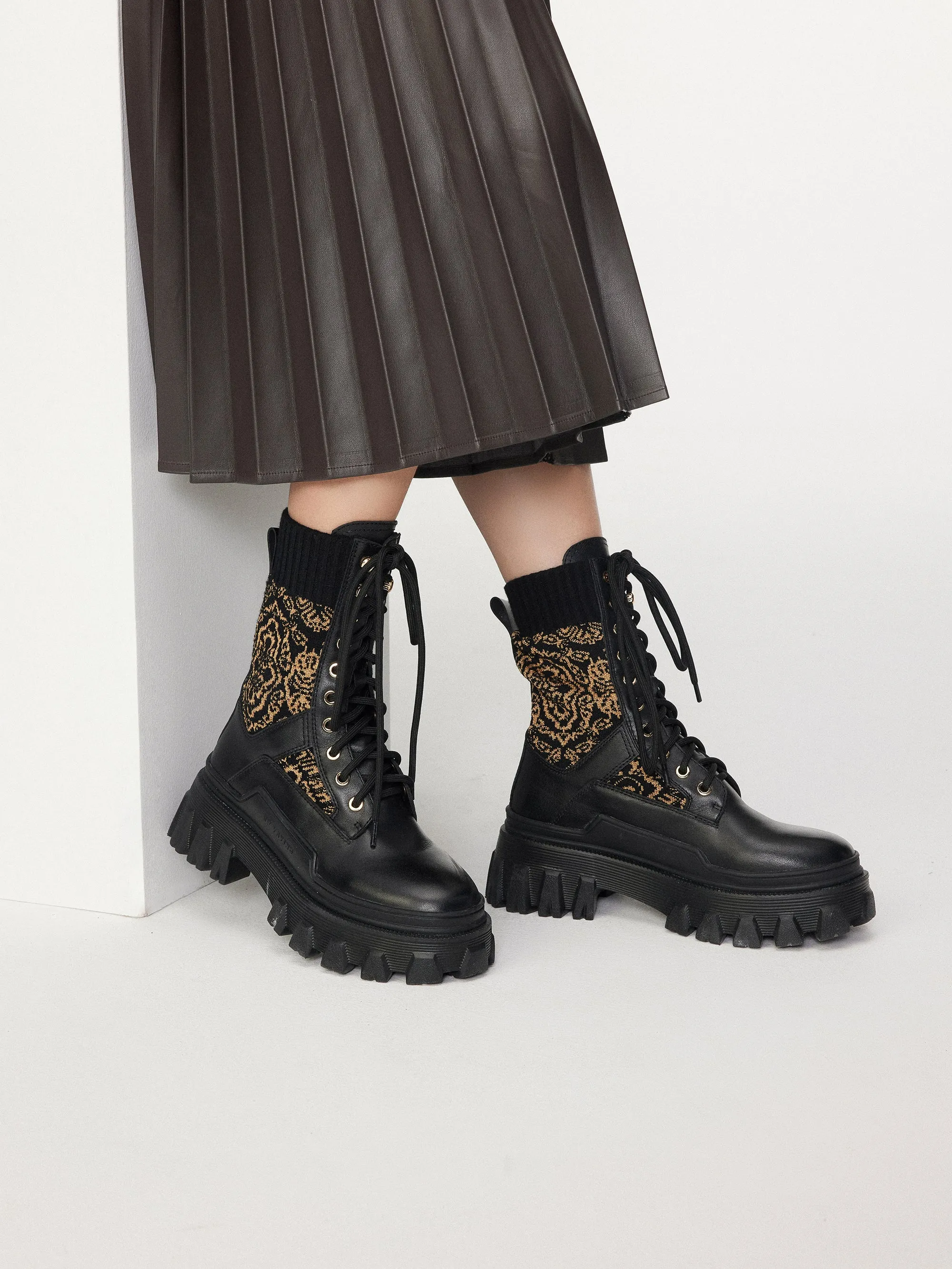 EP YAYING Knit Lace Up Platform Boots