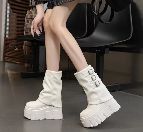 Fold Top Chunky Platform Buckle Boots