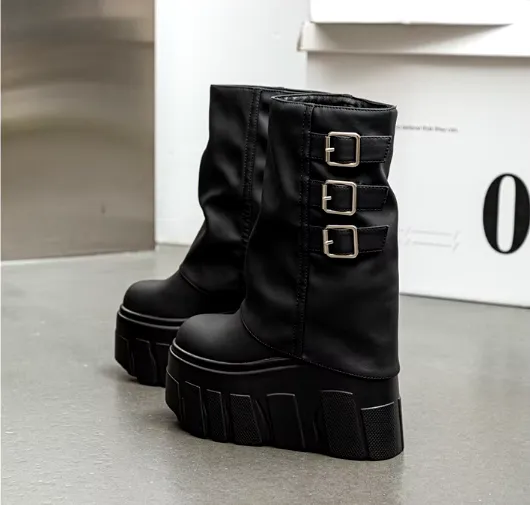 Fold Top Chunky Platform Buckle Boots