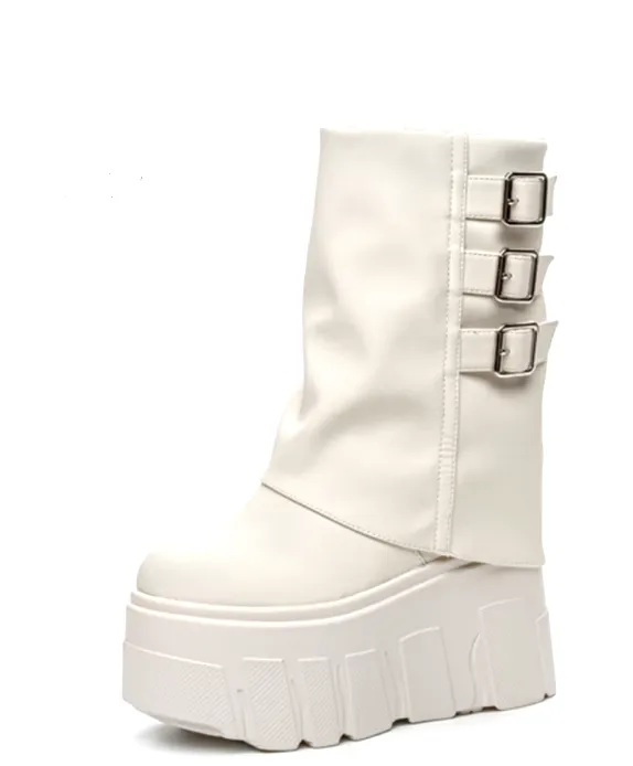 Fold Top Chunky Platform Buckle Boots