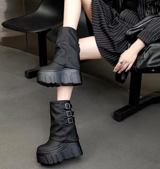 Fold Top Chunky Platform Buckle Boots